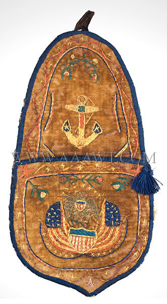 Antique Embroidered Wall Pocket, US Navy, Circa 1810 to 1830, entire view